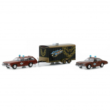 Miniatura Greenlight 1977 Pontiac LeMans Safari e Pontic LeMans Smokey c/ Trailer 1/64 Marrom