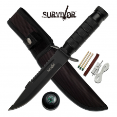 Faca Survivor com dois serrilhados e kit de sobrevivência